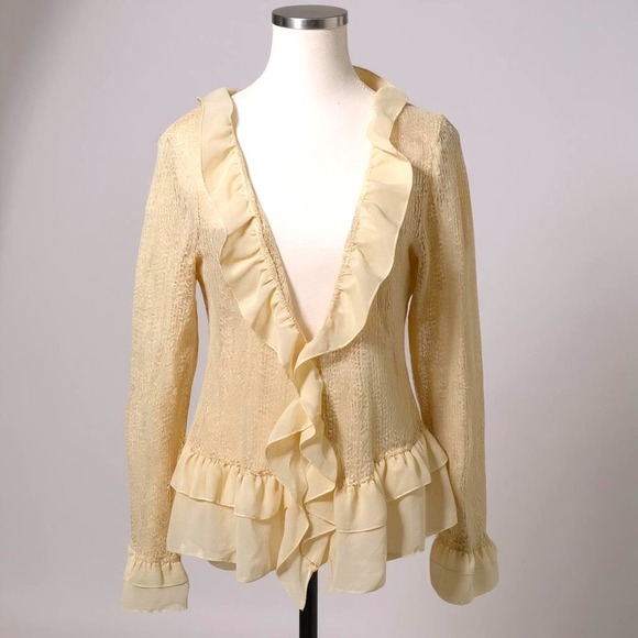 Susan Lucci Ruffle Cardigan Sweater Boho‎ Cottagecore Beige Light Weight Large - Picture 1 of 10